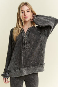Half Zipper Up Hoodie Knitted Sleeve Fall Top - Washed Black or Snow