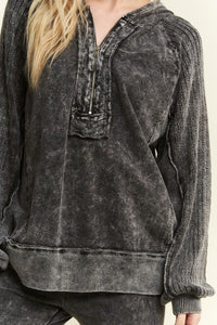 Half Zipper Up Hoodie Knitted Sleeve Fall Top - Washed Black or Snow