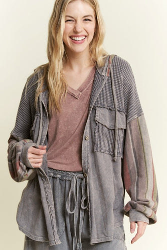 Mineral wash Striped Hoodie Sleeves Shacket - Charcoal