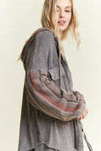 Mineral wash Striped Hoodie Sleeves Shacket - Charcoal