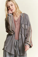 Mineral wash Striped Hoodie Sleeves Shacket - Charcoal