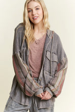Mineral wash Striped Hoodie Sleeves Shacket - Charcoal