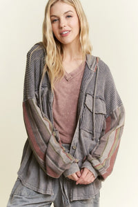 Mineral wash Striped Hoodie Sleeves Shacket - Charcoal