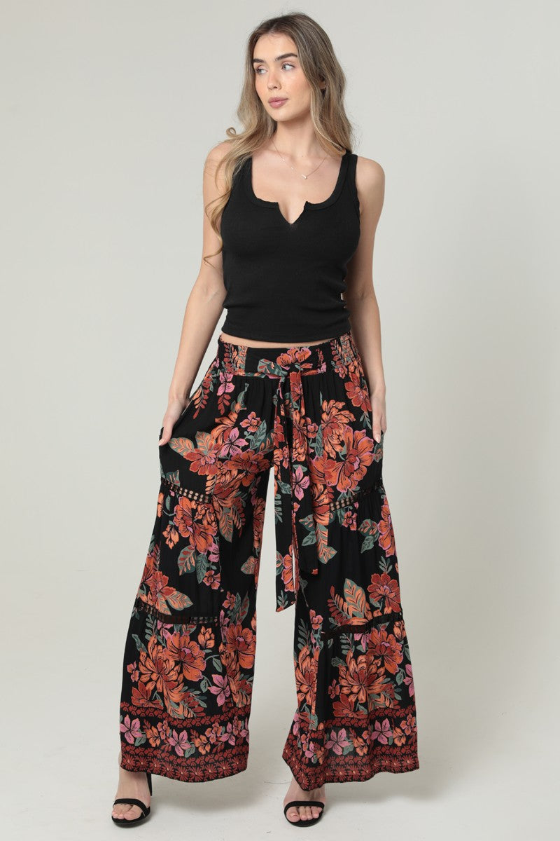 Wide Leg Lace Inserts Tie Waist Pants - Black