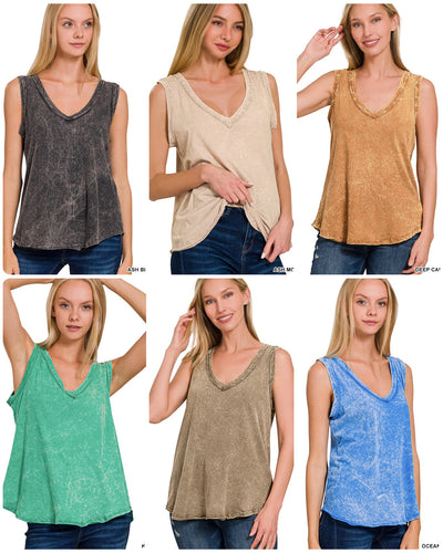 CRINKLE WASHED V-NECK SLEEVELESS TOP - ASSORTED COLORS