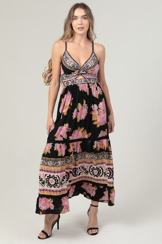 V Neck Twist Front Cut Out Lace Trim Maxi Dress - Black