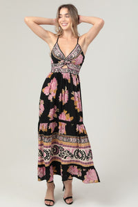 V Neck Twist Front Cut Out Lace Trim Maxi Dress - Black