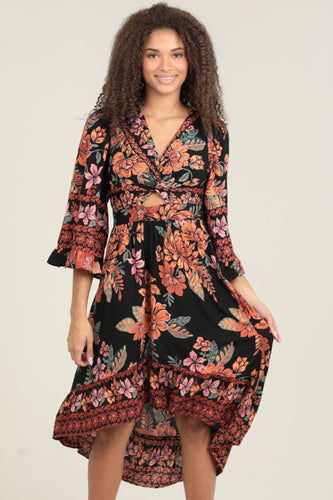 V Neck Twist Front Cut Out Half Sleeve Hi Lo Maxi - Black