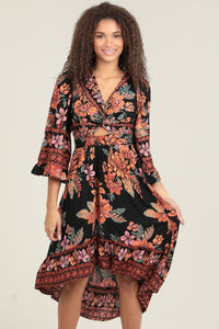 V Neck Twist Front Cut Out Half Sleeve Hi Lo Maxi - Black