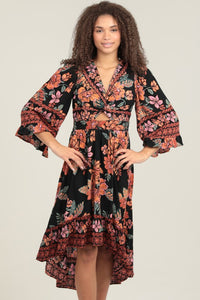 V Neck Twist Front Cut Out Half Sleeve Hi Lo Maxi - Black