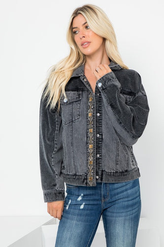 Front Beaded Trim Detail Denim Jacket - Black
