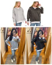 FLEECE ACID WASHED CONTRAST TRIM PULLOVER - BLACK OR SLEET