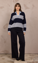 Heather Grey w Navy Stripe Sweater w Denim Collar
