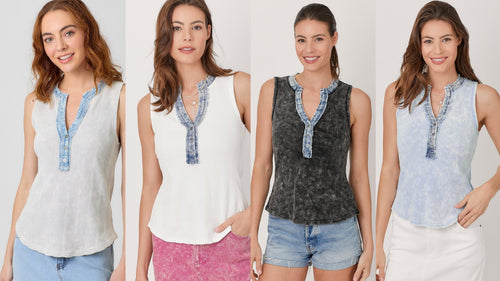Mystree Washed Thermal Sleeveless Henley Top - Black, Grey,  BluePurple or Cream