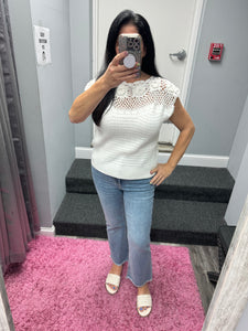 Mystree Floral Yoke Crochet Top - Ivory or Pistachio Mix