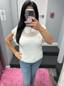 Mystree Floral Yoke Crochet Top - Ivory or Pistachio Mix