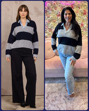 Vintage Havana Heather Grey w Navy Stripe Sweater w Denim Collar