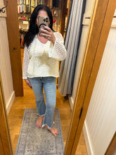 POL long sleeve regular fit hoodie thin sweater top in acrylic with star patch, pearl stud point, see through square weave, hood loop point, rib band detail, solid color - Ivory, Olive or Paradise Mint