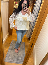POL long sleeve regular fit hoodie thin sweater top in acrylic with star patch, pearl stud point, see through square weave, hood loop point, rib band detail, solid color - Ivory, Olive or Paradise Mint
