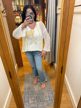 POL long sleeve regular fit hoodie thin sweater top in acrylic with star patch, pearl stud point, see through square weave, hood loop point, rib band detail, solid color - Ivory, Olive or Paradise Mint