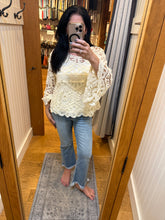 POL round neck 3/4 sleeve cropped fit top in crochet - Cream