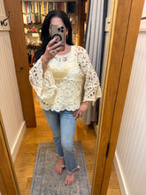 POL round neck 3/4 sleeve cropped fit top in crochet - Cream