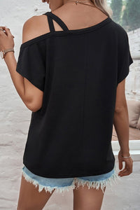 CROSS STRAP AND SHORT SLEEVE ASYMMETRICAL TOP - BLACK