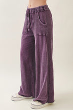 Mineral Wash Side Knit Detail Wide Leg Pants - Eggplant