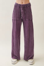 Mineral Wash Side Knit Detail Wide Leg Pants - Eggplant