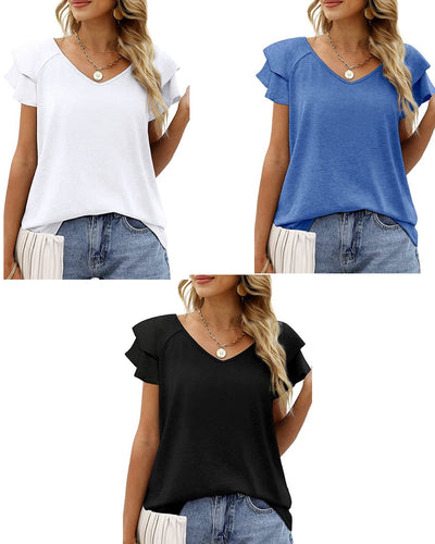 V NECK RUFFLE SLEEVETOP - ASSORTED COLORS