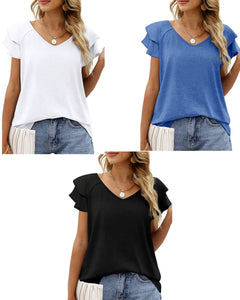 V NECK RUFFLE SLEEVETOP - ASSORTED COLORS