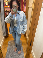 POL denim button up shirt with lace accents