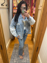 POL denim button up shirt with lace accents