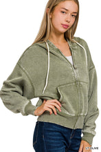 ACID WASH FLEECE CROPPED ZIP-UP HOODIE W POCKETS - ASSORTED COLORS