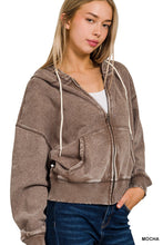ACID WASH FLEECE CROPPED ZIP-UP HOODIE W POCKETS - ASSORTED COLORS