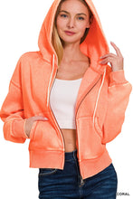 ACID WASH FLEECE CROPPED ZIP-UP HOODIE W POCKETS - ASSORTED COLORS