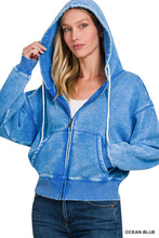 ACID WASH FLEECE CROPPED ZIP-UP HOODIE W POCKETS - ASSORTED COLORS