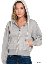 ACID WASH FLEECE CROPPED ZIP-UP HOODIE W POCKETS - ASSORTED COLORS