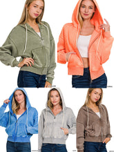 ACID WASH FLEECE CROPPED ZIP-UP HOODIE W POCKETS - ASSORTED COLORS