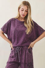 Mineral Washed Boho Trim Blouse Top - Ashed Black or Eggplant