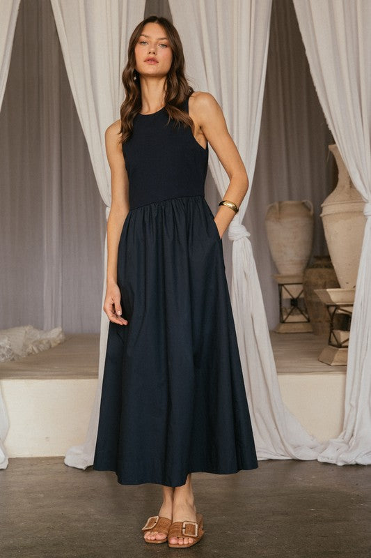 MIXED MEDIA TANK MIDI DRESS - NAVY Peace Love Fashion MIXED MEDIA TANK MIDI DRESS - NAVY Peace Love Fashion