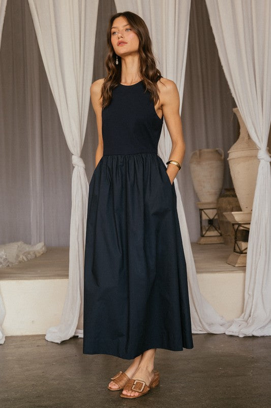 MIXED MEDIA TANK MIDI DRESS - NAVY MIXED MEDIA TANK MIDI DRESS - NAVY