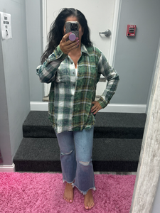 Washed Plaid Oversized Shirt Jacket - Washed Green