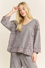 Mineral Washed Boho Pattern Patched Vneck Blouse - Charcoal