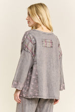 Mineral Washed Boho Pattern Patched Vneck Blouse - Charcoal