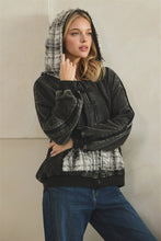Washed Mixed Fabric Distressed Zipper Detail Arm Hoodie - Black/Cream