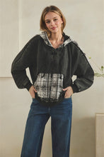 Washed Mixed Fabric Distressed Zipper Detail Arm Hoodie - Black/Cream