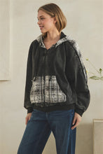 Washed Mixed Fabric Distressed Zipper Detail Arm Hoodie - Black/Cream