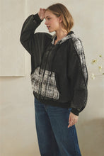 Washed Mixed Fabric Distressed Zipper Detail Arm Hoodie - Black/Cream