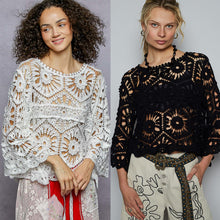 POL Designed in round neck 3/4 sleeve cropped fit top in crochet with various weave knit patterns - Assorted Colors